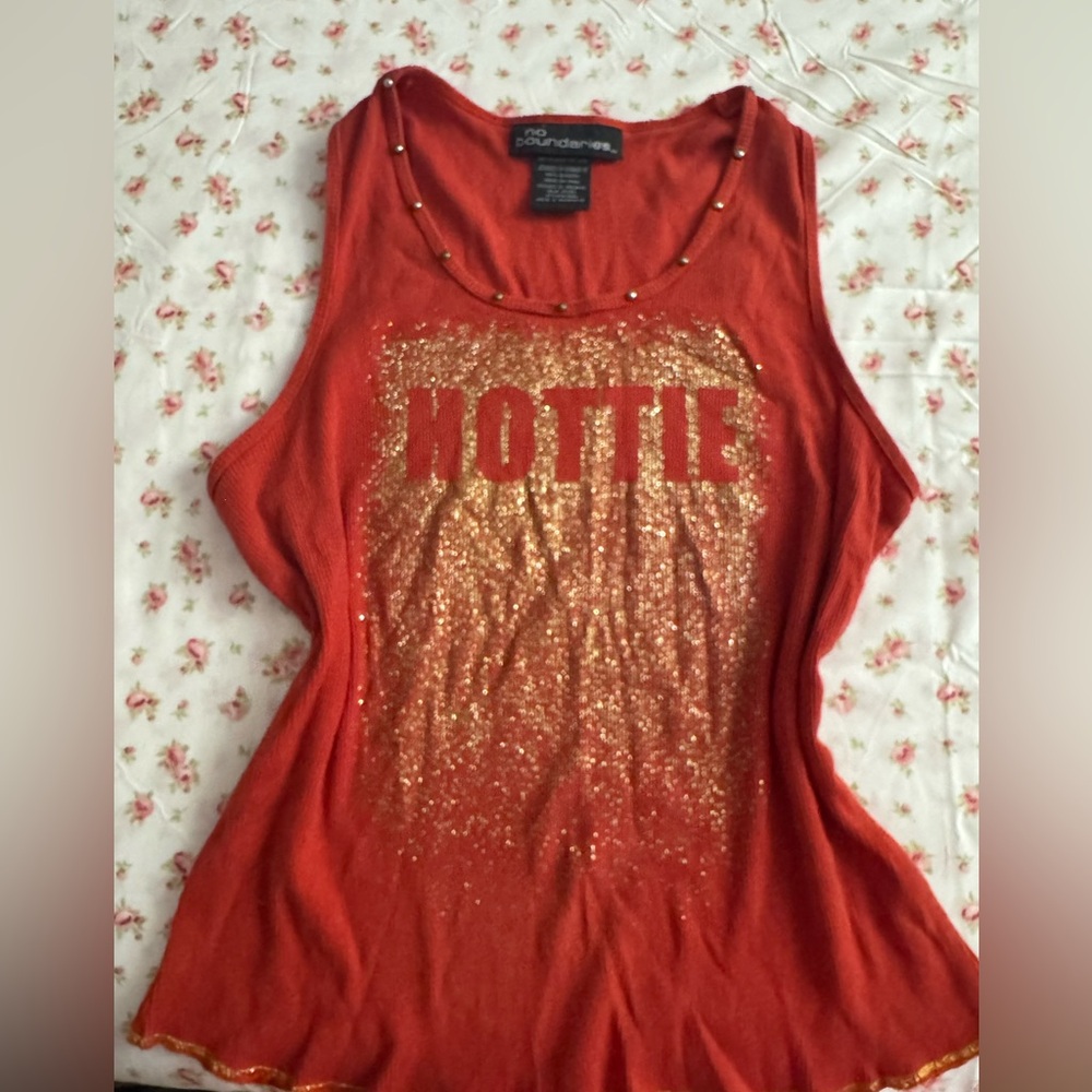 No Boundaries Red Graphic Tank Top with Gold Embellishments